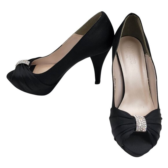Davids Bridal Black Satin Peep Toe Heels With Rhinestone Accent Size 7.5 - Picture 2 of 12